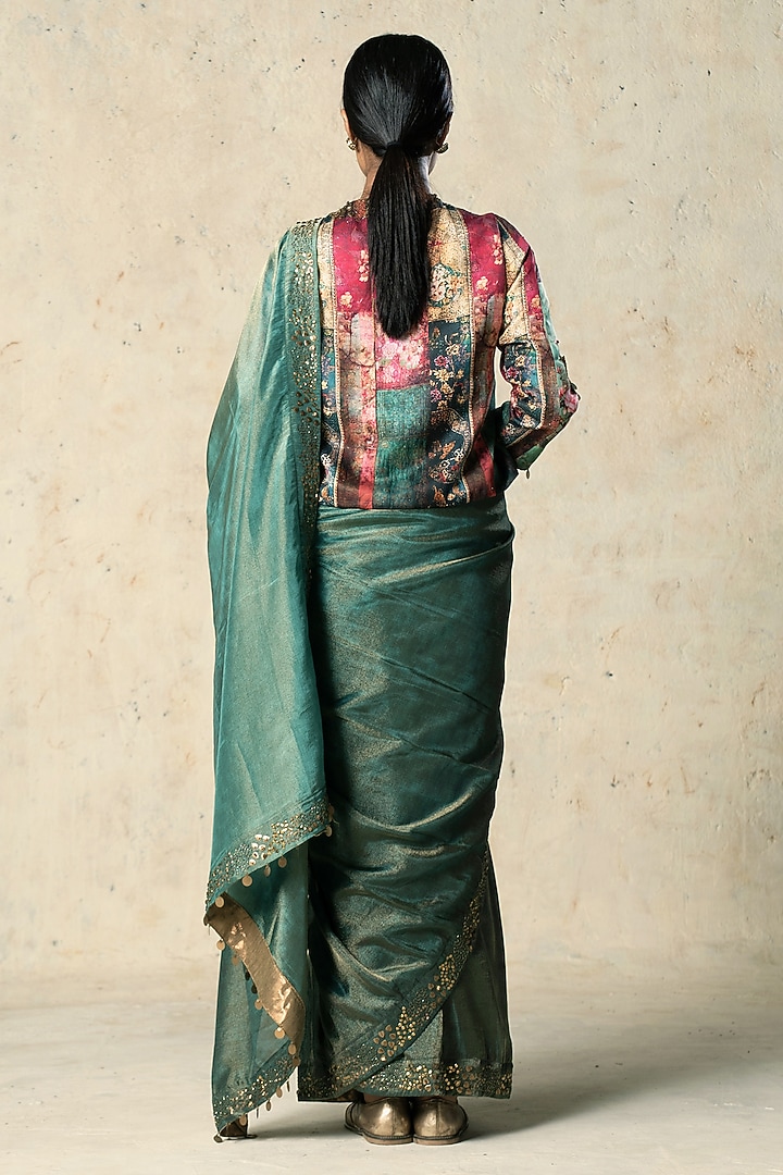 Green Tissue Embroidered Wedding Saree Set by Basil Leaf at Pernia's Pop Up Shop