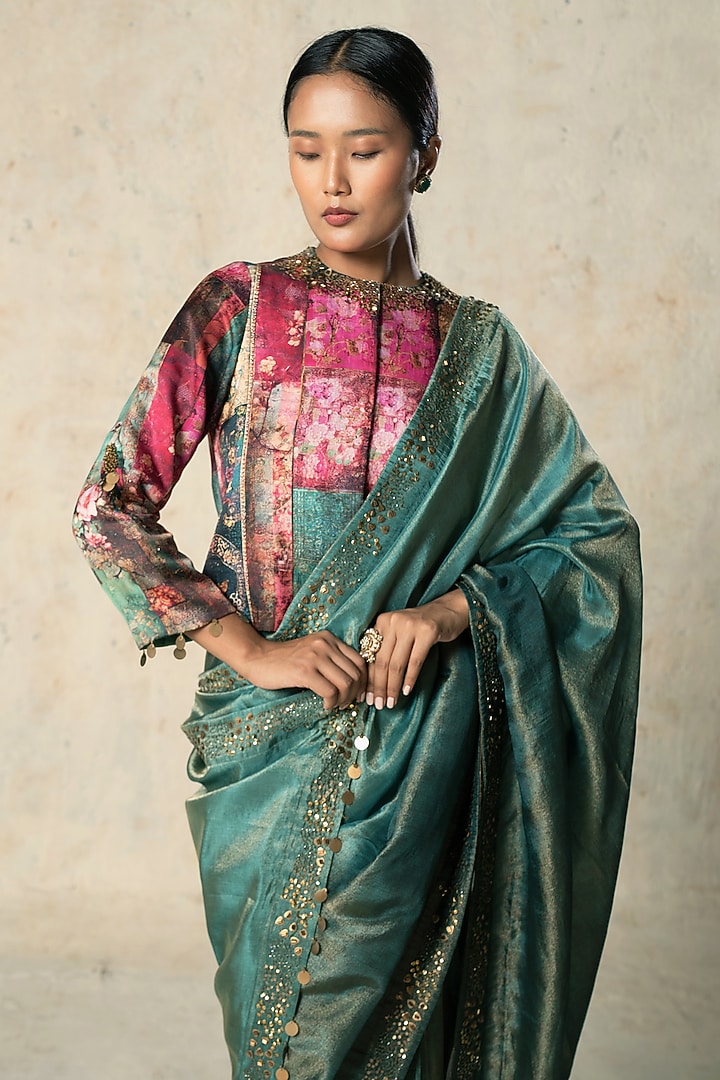 Green Tissue Embroidered Wedding Saree Set by Basil Leaf at Pernia's Pop Up Shop