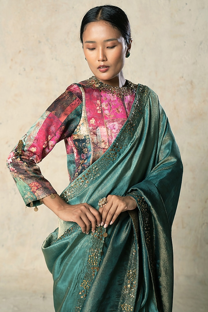 Green Tissue Embroidered Wedding Saree Set by Basil Leaf at Pernia's Pop Up Shop
