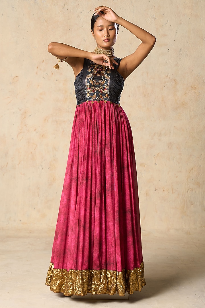 Pink & Gold Linen Satin Embroidered Engagement Gown by Basil Leaf at Pernia's Pop Up Shop