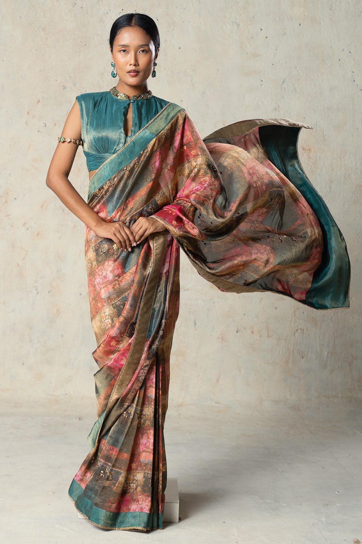 Basil Leaf Green Tissue Printed Pre-Draped Saree Set