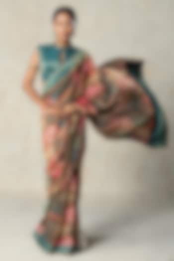 Green Tissue Printed Pre-Draped Wedding Saree Set by Basil Leaf at Pernia's Pop Up Shop
