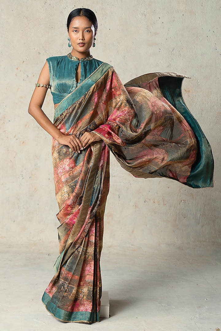Green Tissue Printed Pre-Draped Wedding Saree Set by Basil Leaf at Pernia's Pop Up Shop