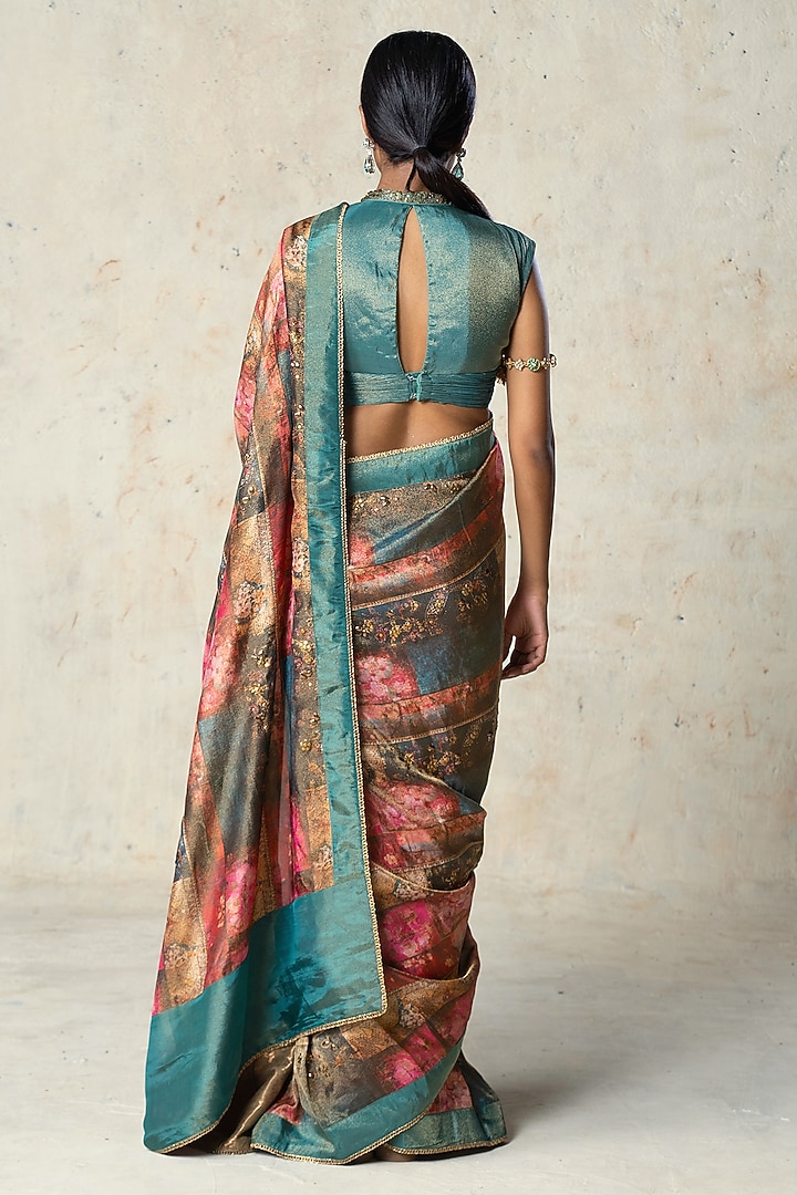 Green Tissue Printed Pre-Draped Wedding Saree Set by Basil Leaf at Pernia's Pop Up Shop