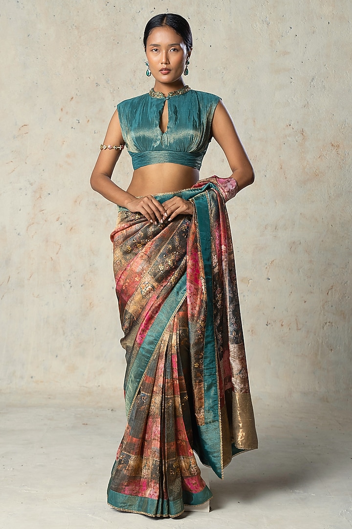 Green Tissue Printed Pre-Draped Wedding Saree Set by Basil Leaf at Pernia's Pop Up Shop