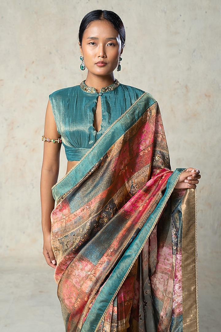Green Tissue Printed Pre-Draped Wedding Saree Set by Basil Leaf at Pernia's Pop Up Shop