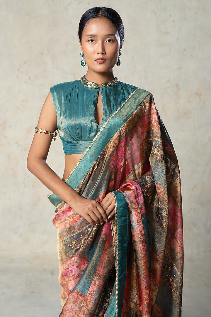 Green Tissue Printed Pre-Draped Wedding Saree Set by Basil Leaf at Pernia's Pop Up Shop