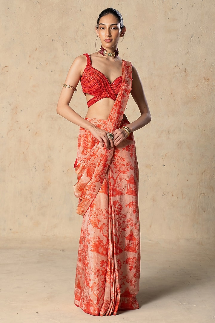 Red Tissue Printed Pre-Draped Wedding Saree Set by Basil Leaf at Pernia's Pop Up Shop