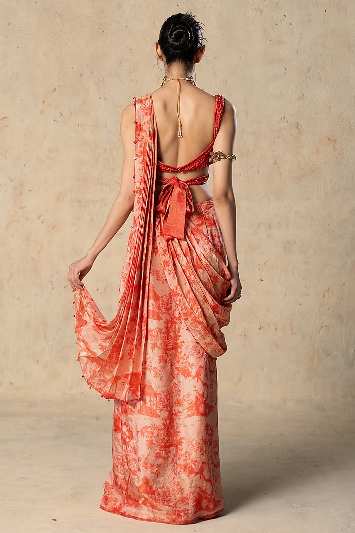 Red Tissue Printed Pre-Draped Wedding Saree Set by Basil Leaf at Pernia's Pop Up Shop