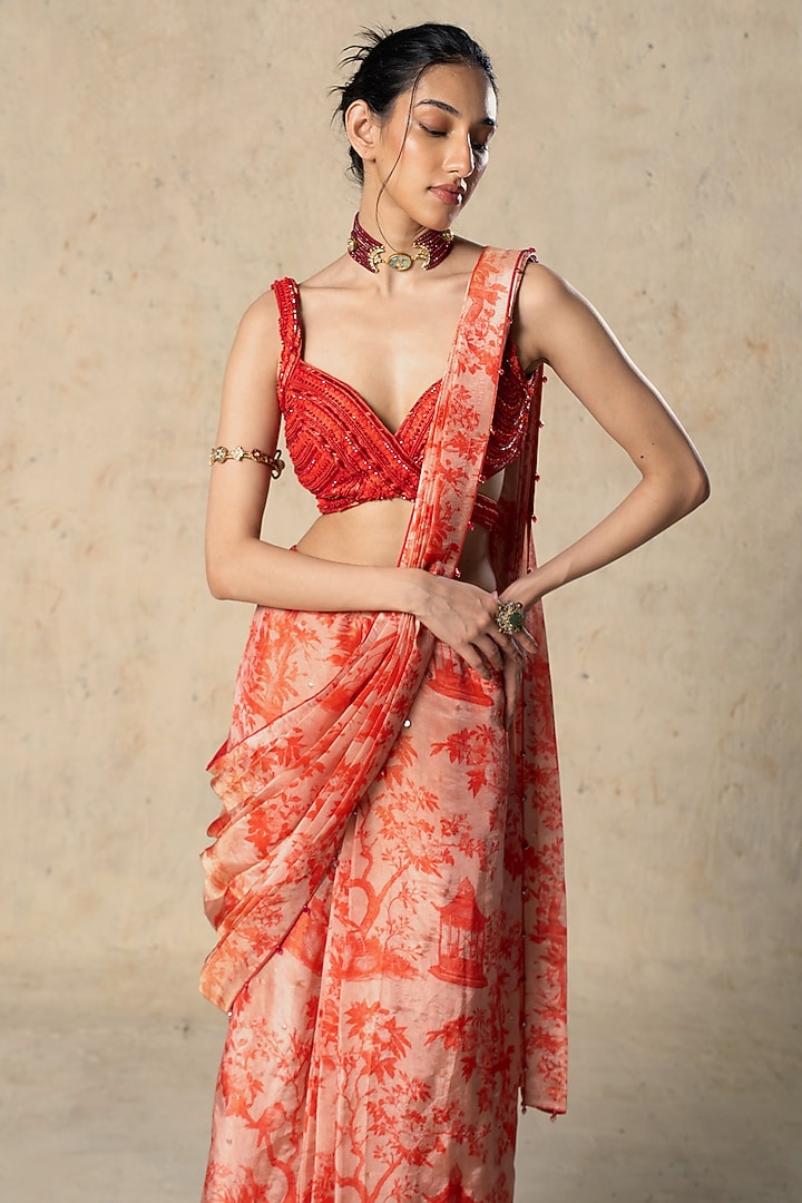 Red Tissue Printed Pre-Draped Wedding Saree Set by Basil Leaf at Pernia's Pop Up Shop