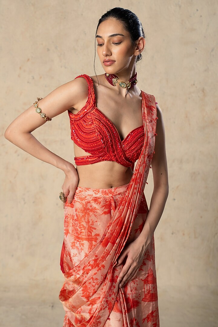 Red Tissue Printed Pre-Draped Wedding Saree Set by Basil Leaf at Pernia's Pop Up Shop