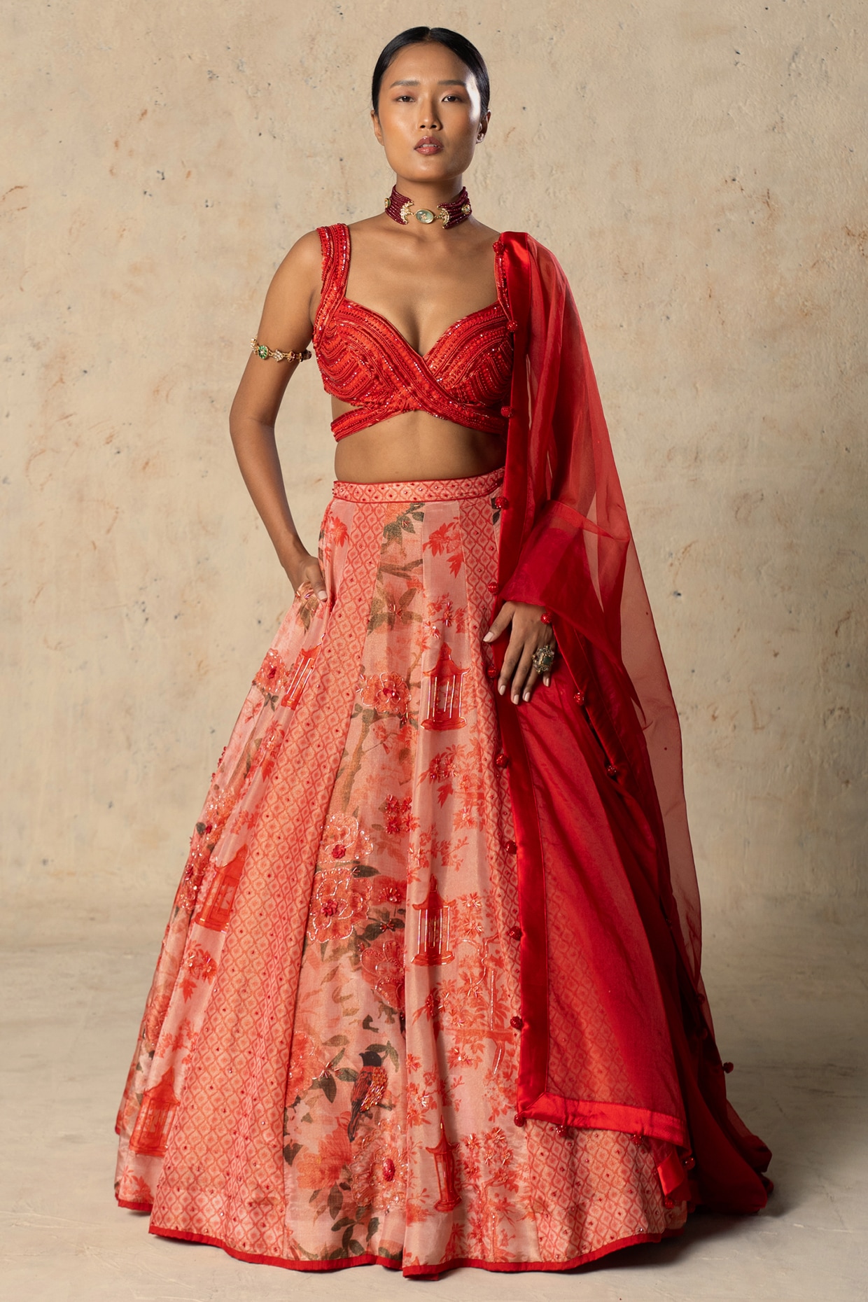 Basil Leaf Coral Red Tissue Printed Lehenga Set