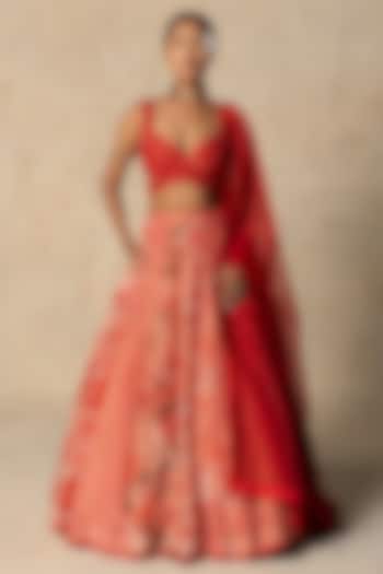 Coral Red Tissue Printed Wedding Lehenga Set by Basil Leaf at Pernia's Pop Up Shop