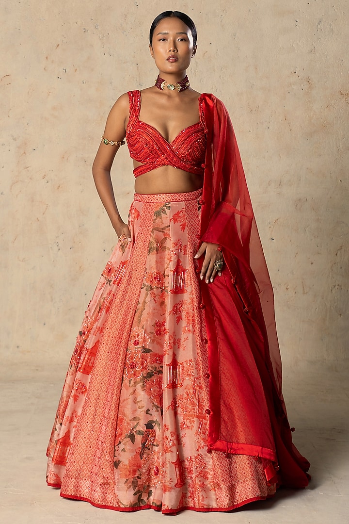 Coral Red Tissue Printed Wedding Lehenga Set by Basil Leaf at Pernia's Pop Up Shop