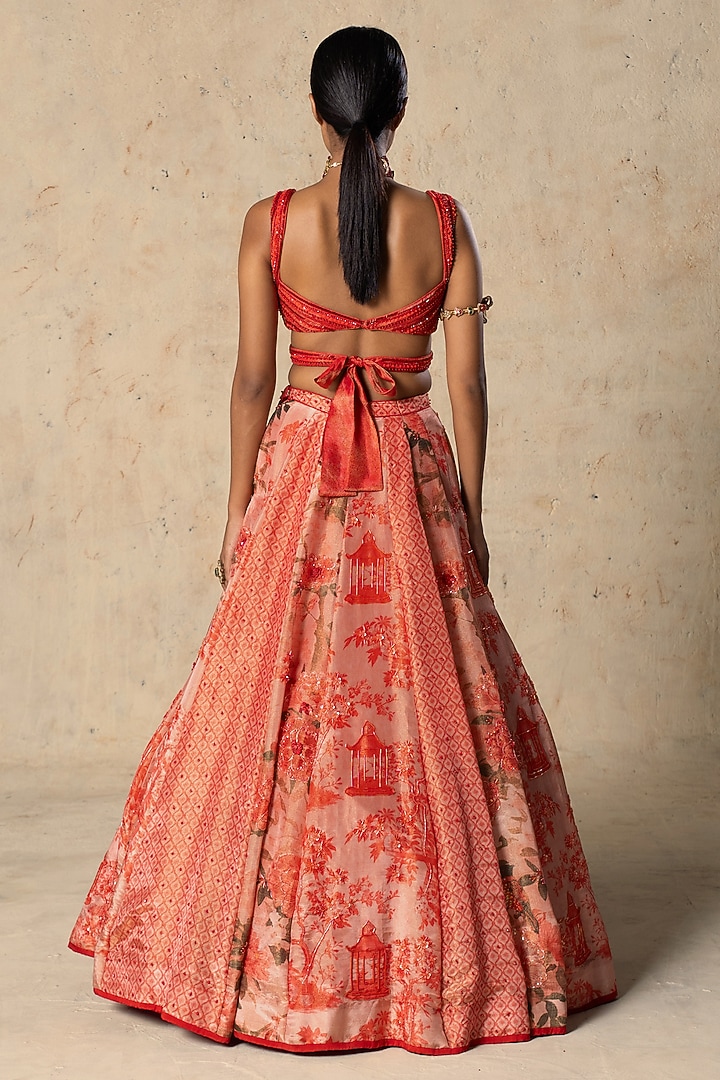 Coral Red Tissue Printed Wedding Lehenga Set by Basil Leaf at Pernia's Pop Up Shop