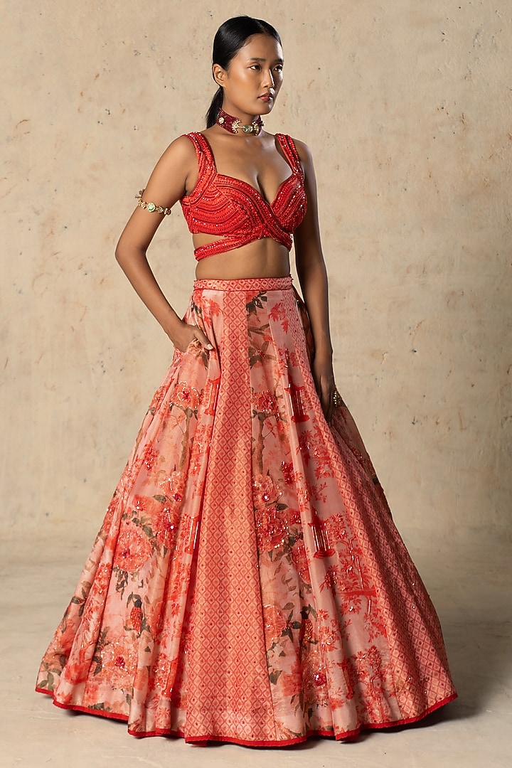 Coral Red Tissue Printed Wedding Lehenga Set by Basil Leaf at Pernia's Pop Up Shop