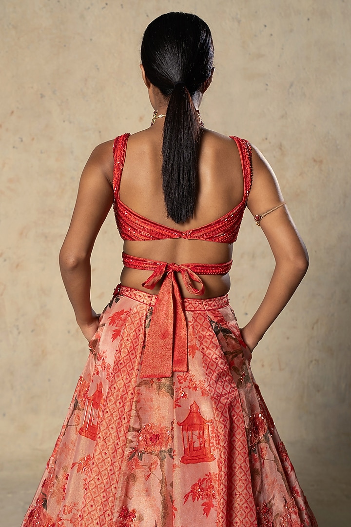 Coral Red Tissue Printed Wedding Lehenga Set by Basil Leaf at Pernia's Pop Up Shop