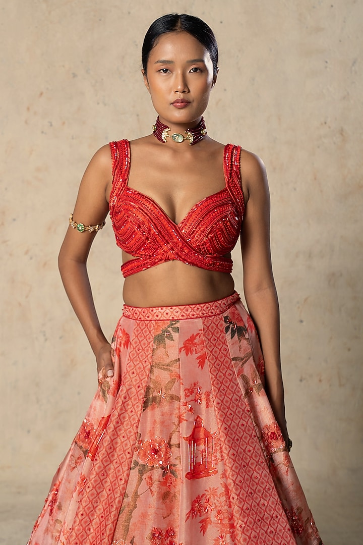 Coral Red Tissue Printed Wedding Lehenga Set by Basil Leaf at Pernia's Pop Up Shop