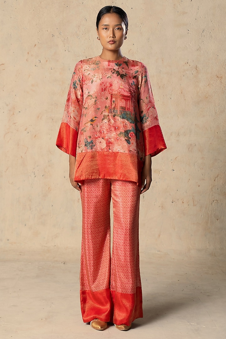 Peach Tissue Printed Co-Ord Set by Basil Leaf at Pernia's Pop Up Shop