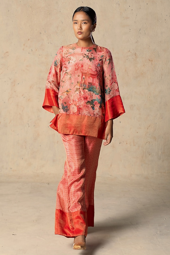 Peach Tissue Printed Co-Ord Set by Basil Leaf at Pernia's Pop Up Shop