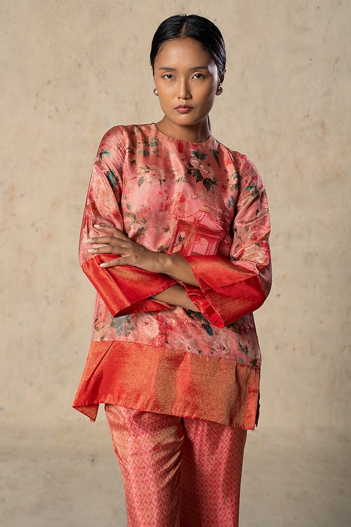 Peach Tissue Printed Co-Ord Set by Basil Leaf at Pernia's Pop Up Shop