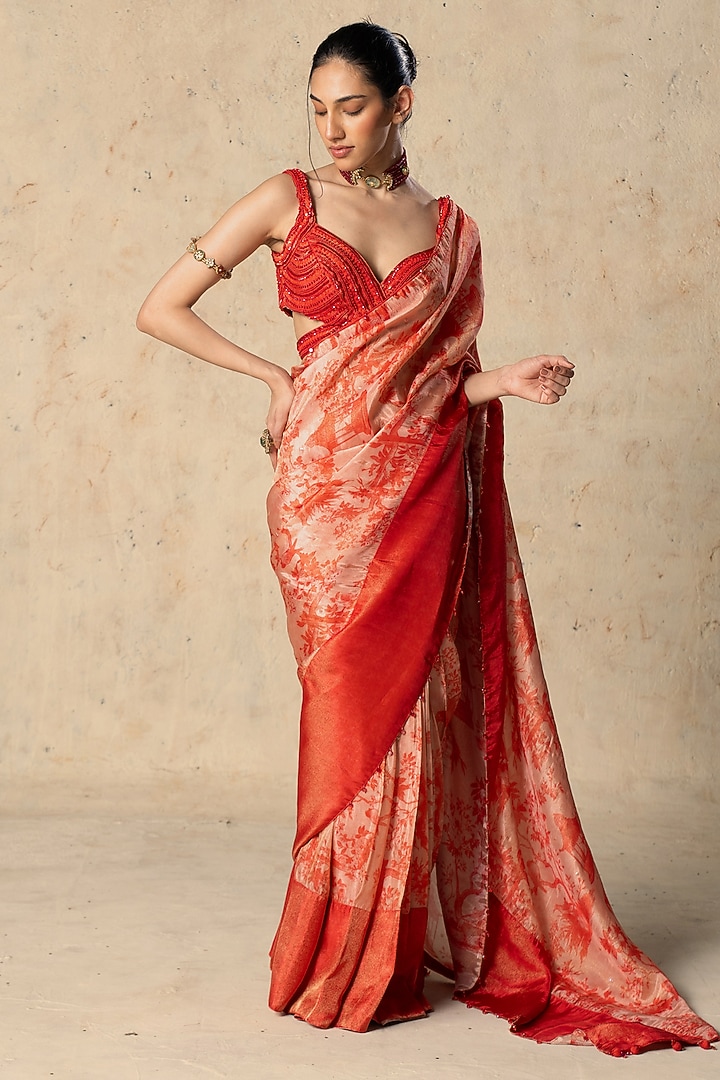 Red Tissue Printed Pre-Draped Wedding Saree Set by Basil Leaf at Pernia's Pop Up Shop