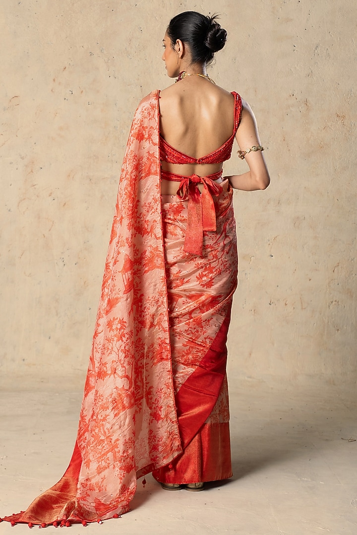 Red Tissue Printed Pre-Draped Wedding Saree Set by Basil Leaf at Pernia's Pop Up Shop