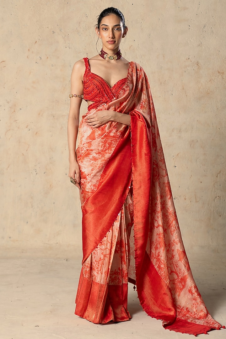 Red Tissue Printed Pre-Draped Wedding Saree Set by Basil Leaf at Pernia's Pop Up Shop