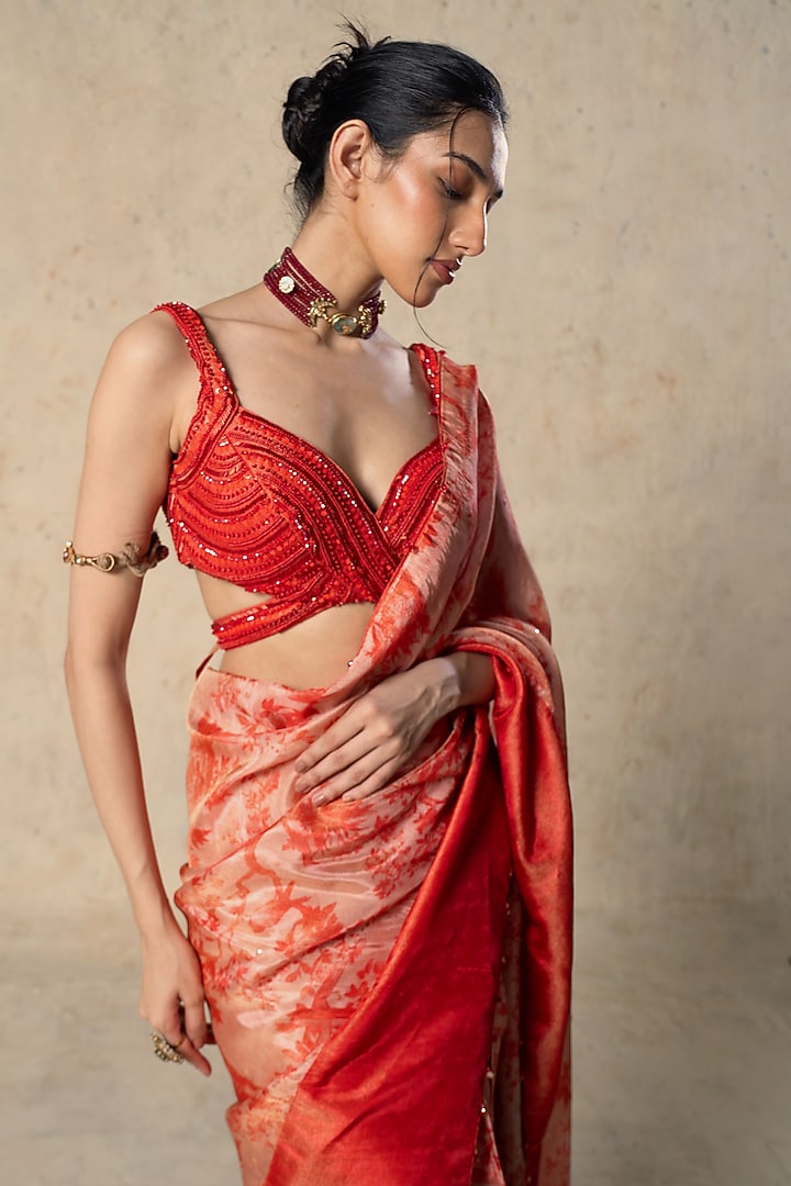 Red Tissue Printed Pre-Draped Wedding Saree Set by Basil Leaf at Pernia's Pop Up Shop