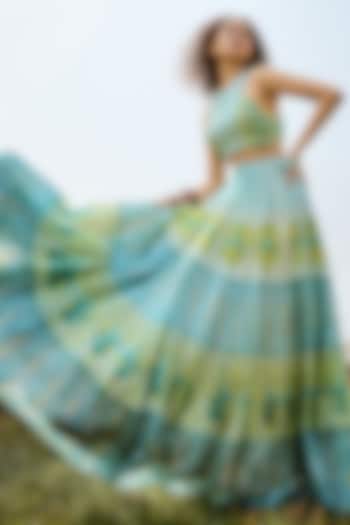 Aqua Green Organza Printed Skirt Set by Basil Leaf at Pernia's Pop Up Shop
