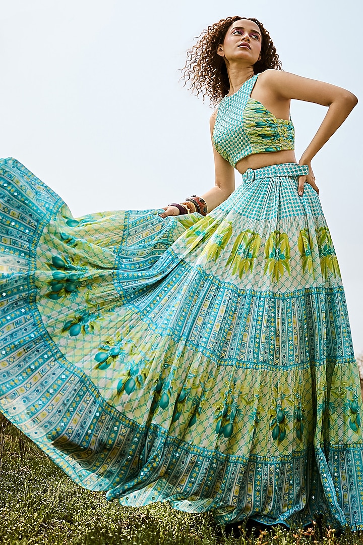 Aqua Green Organza Printed Skirt Set by Basil Leaf at Pernia's Pop Up Shop