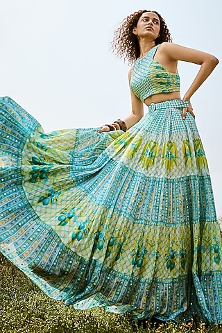 Aqua Green Organza Printed Skirt Set by Basil Leaf