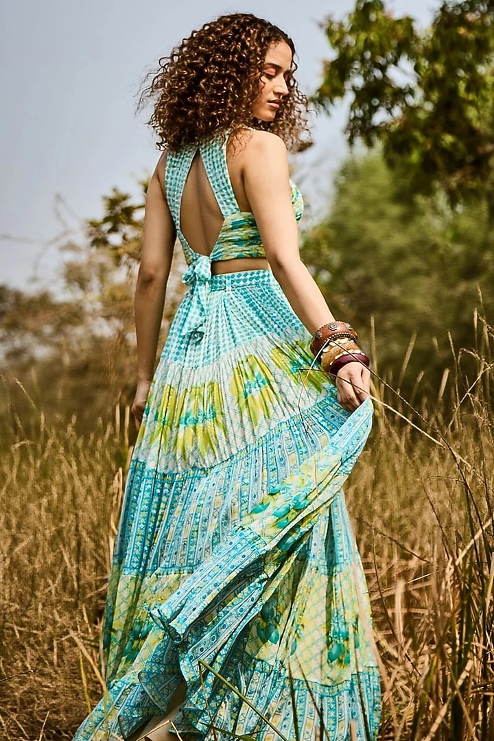 Aqua Green Organza Printed Skirt Set by Basil Leaf at Pernia's Pop Up Shop