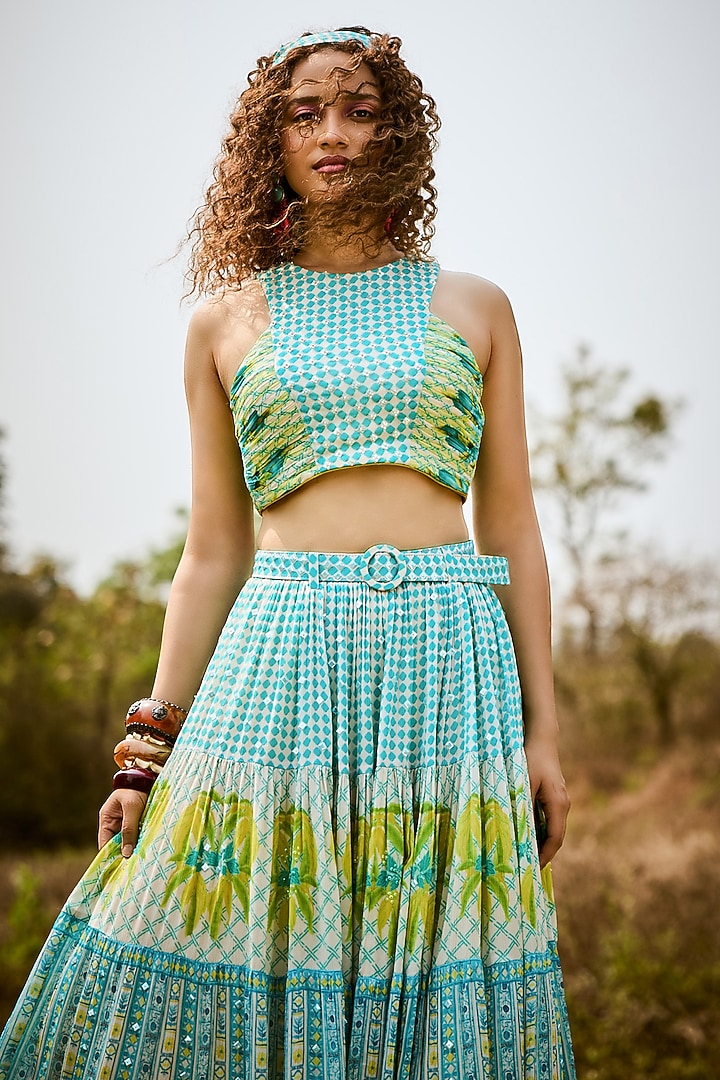 Aqua Green Organza Printed Skirt Set by Basil Leaf at Pernia's Pop Up Shop