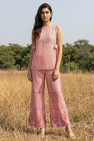 Peach Organza Jacket Set by Basil Leaf