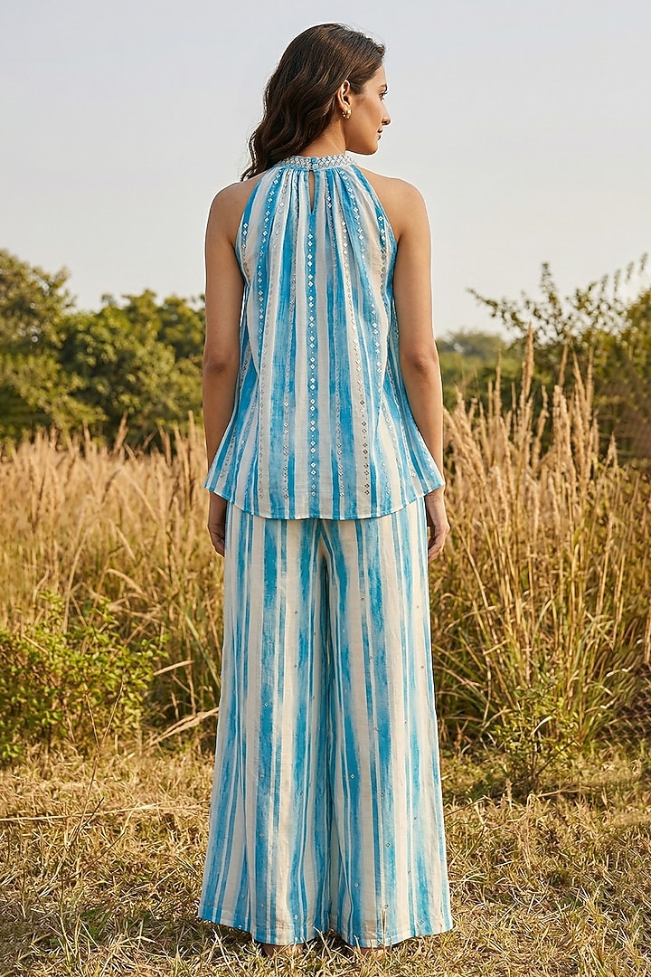 Blue Linen Striped Co-Ord Set by Basil Leaf at Pernia's Pop Up Shop