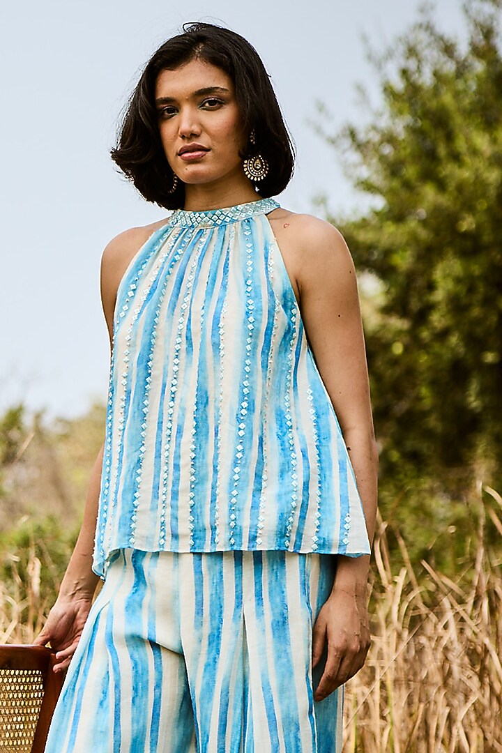 Blue Linen Striped Co-Ord Set by Basil Leaf at Pernia's Pop Up Shop
