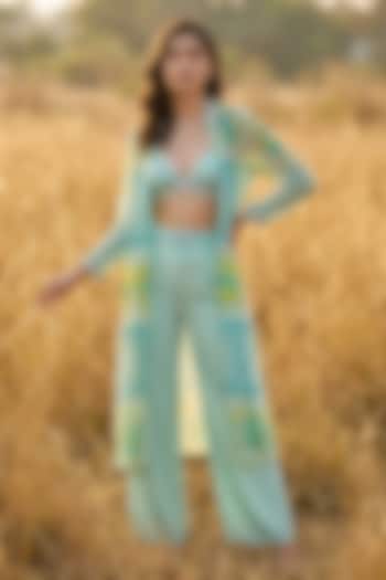 Aqua Green Chiffon Printed Jacket Set by Basil Leaf at Pernia's Pop Up Shop