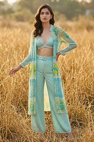 Aqua Green Chiffon Printed Jacket Set by Basil Leaf