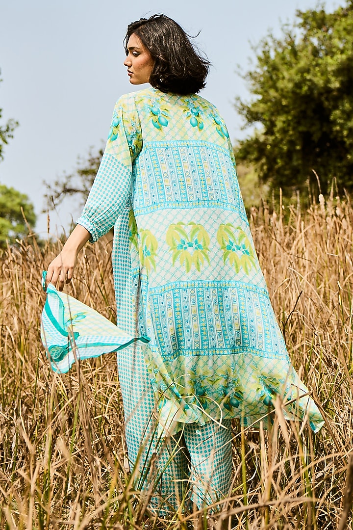 Aqua Green Chiffon Printed Jacket Set by Basil Leaf at Pernia's Pop Up Shop