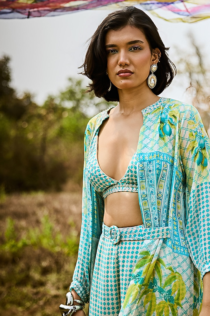Aqua Green Chiffon Printed Jacket Set by Basil Leaf at Pernia's Pop Up Shop