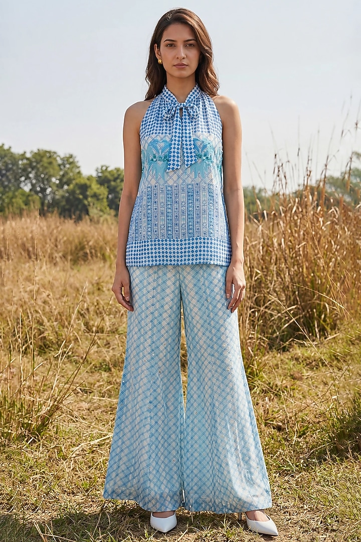 Blue Chiffon Printed Co-Ord Set by Basil Leaf at Pernia's Pop Up Shop