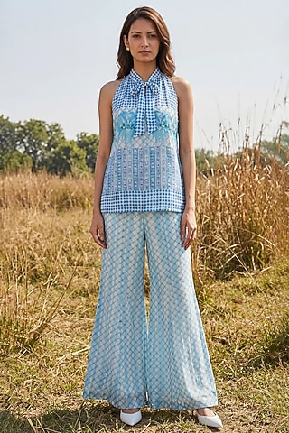 Blue Chiffon Printed Co-Ord Set by Basil Leaf