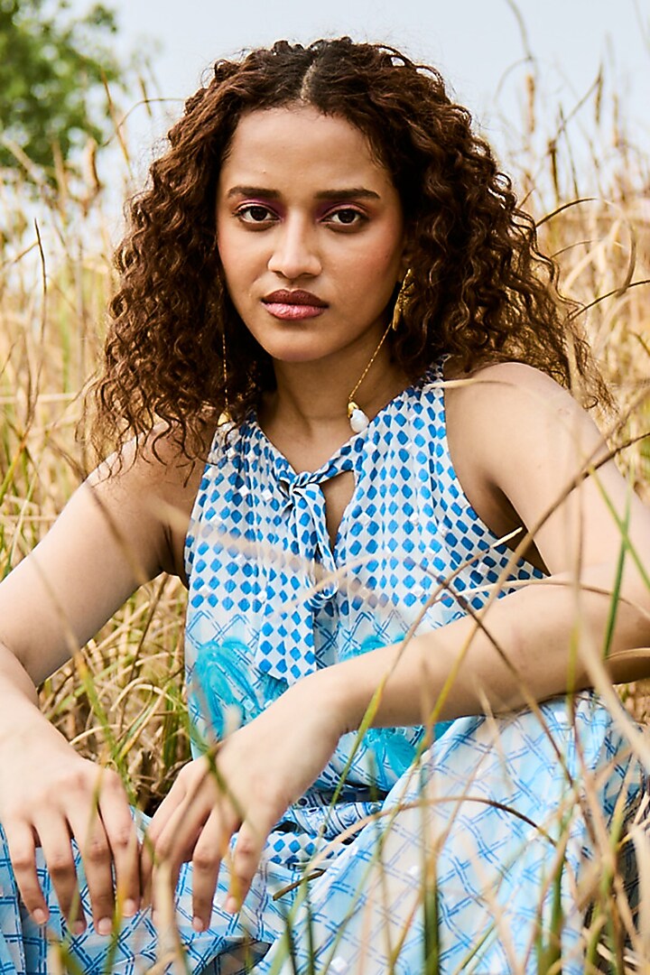 Blue Chiffon Printed Co-Ord Set by Basil Leaf at Pernia's Pop Up Shop