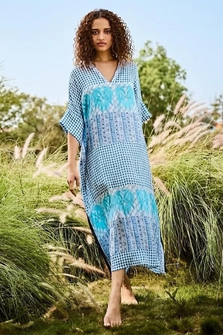 Blue Chiffon Printed Kaftan by Basil Leaf at Pernia's Pop Up Shop