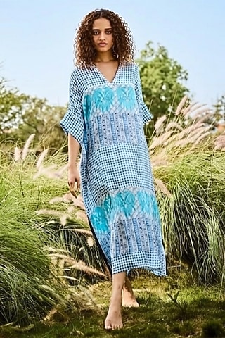 Blue Chiffon Printed Kaftan by Basil Leaf
