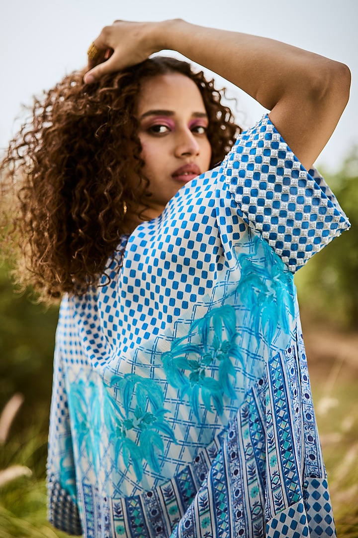 Blue Chiffon Printed Kaftan by Basil Leaf at Pernia's Pop Up Shop