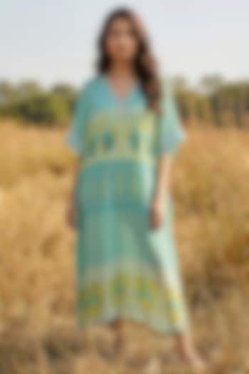 Aqua Green Chiffon Printed Kaftan by Basil Leaf at Pernia's Pop Up Shop