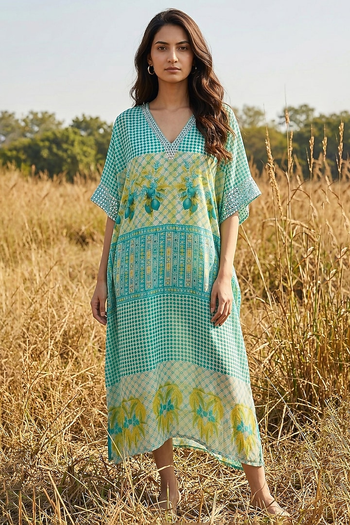 Aqua Green Chiffon Printed Kaftan by Basil Leaf at Pernia's Pop Up Shop