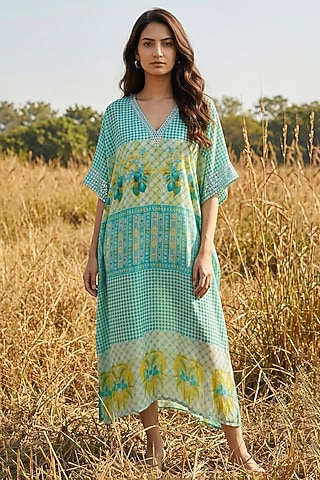 Aqua Green Chiffon Printed Kaftan by Basil Leaf